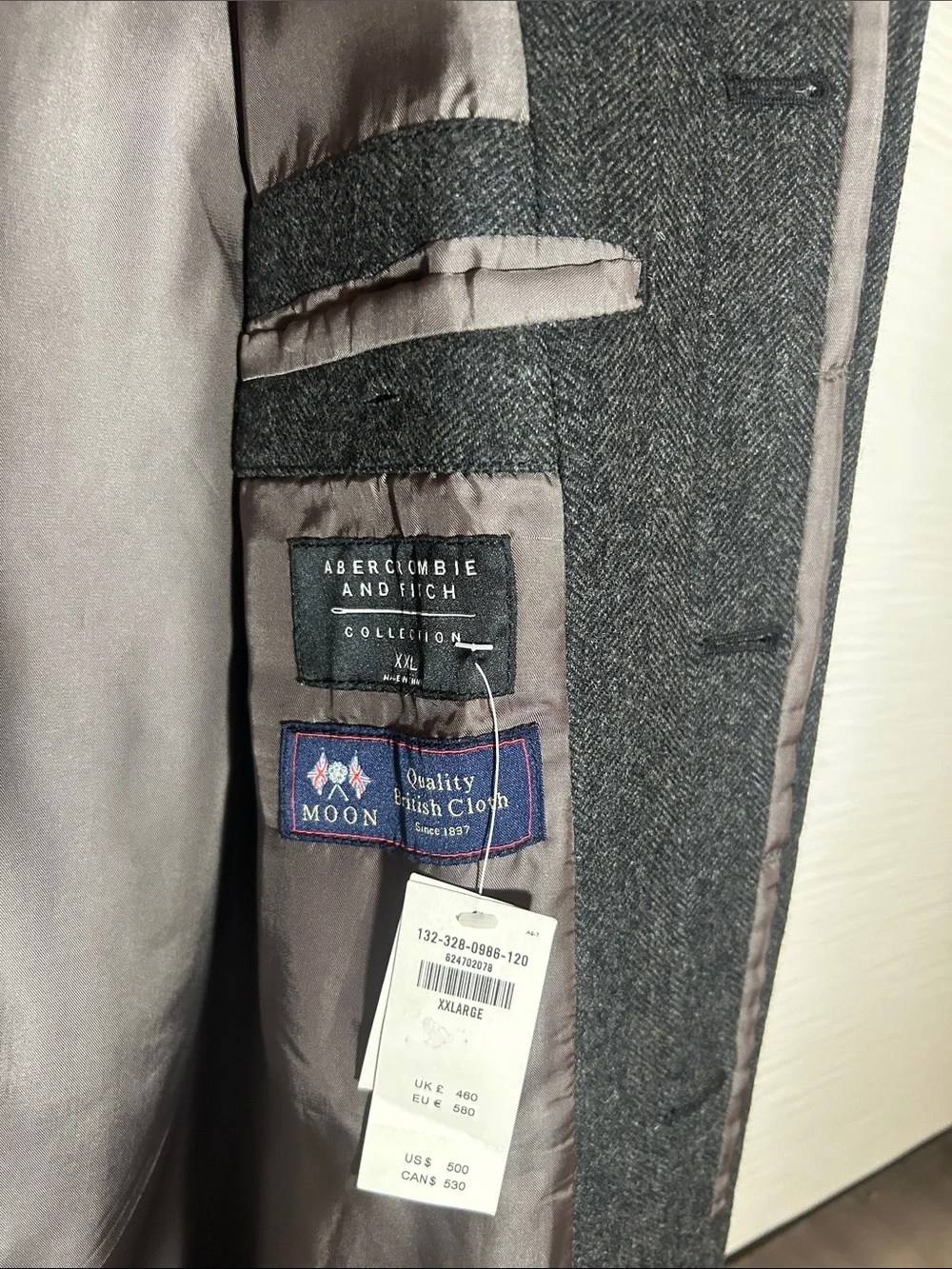 NWT Men's Abercrombie Wool Pea Coat, Premium Collection, XXL fits like XL/XXL